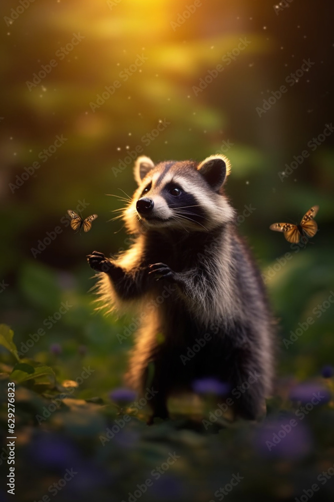 The Playful Raccoon Chasing Butterflies in the Summer Meadow AI generated