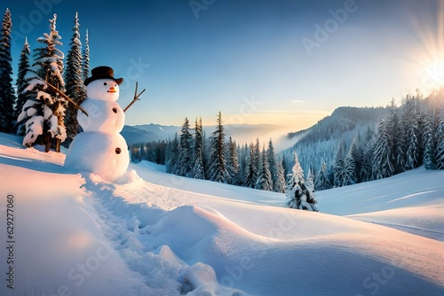 Fotografie, Obraz snowman in winter christmas scene with snow pine trees and warm light