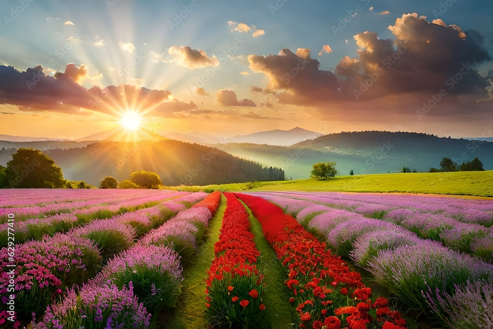 colorful flower meadow with sunbeams and bokeh light in summer 