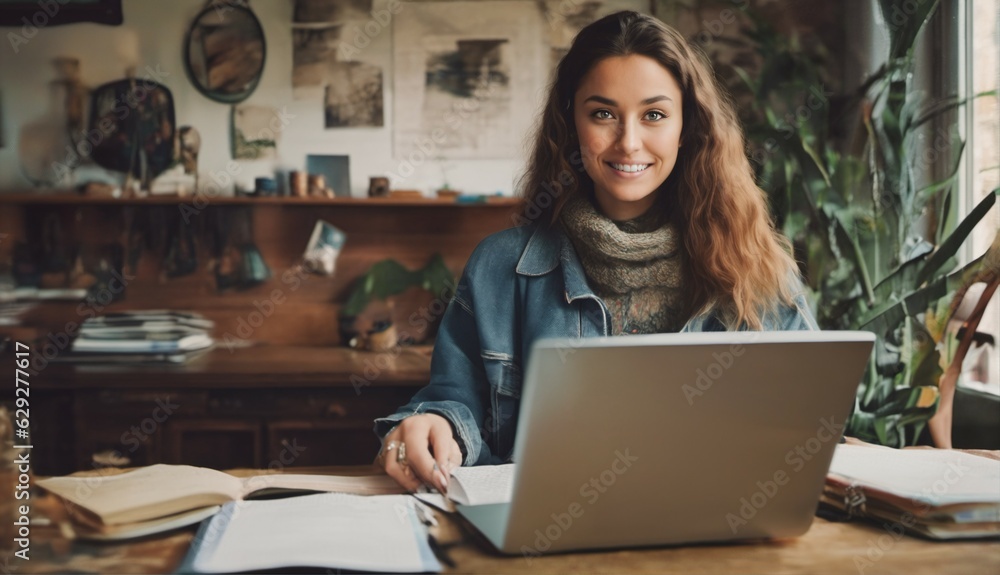 GenZ working from home and smiling in cozy home office GenZ working from home and smiling in cozy home office