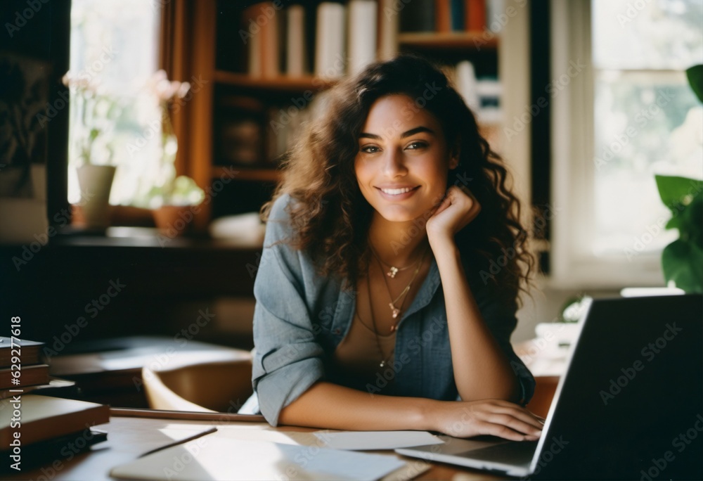GenZ working from home and smiling in cozy home office GenZ working from home and smiling in cozy home office