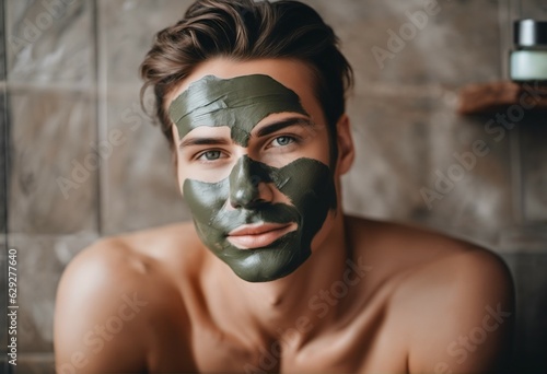 Handsome man with clay mask in spa