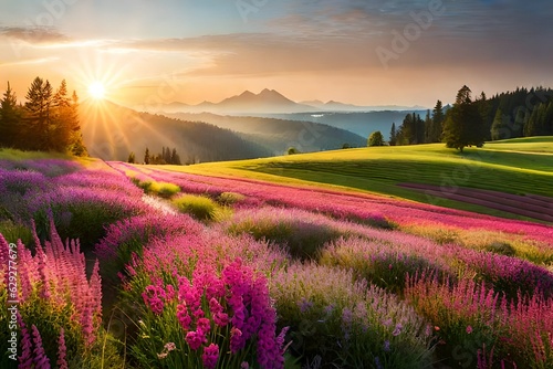 colorful flower meadow with sunbeams and bokeh light in summer 