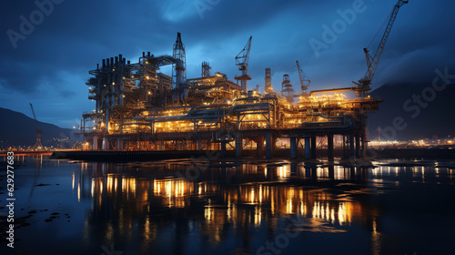 Offshore oil and rig platform, Construction of oil and gas production process in the sea. Power energy of the world