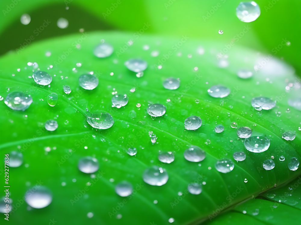 Nature spring photography — raindrops on plant leaf. Background image in turquoise and green tones with bokeh.
