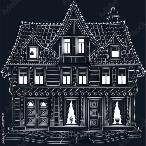 Black and white drawing of an old half-timbered house with a tiled roof in Wernigerode. Germany.