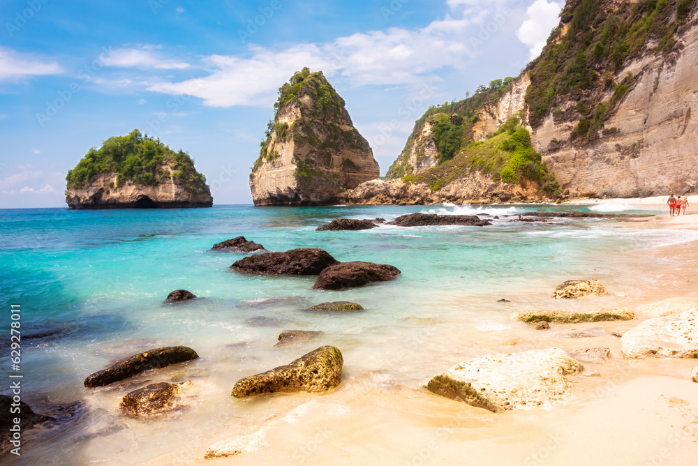 Obraz premium Tropical beach with white sand and palm trees, beach holiday destination on Bali island