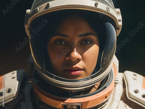 Fototapeta Naklejka Na Ścianę i Meble -  Digital photo of brutal  athletic, self-confident african american female astronaut outside on the surface of Mars near the Martian station 