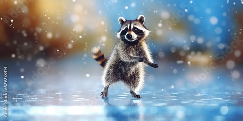 The Playful Raccoon Glides Happily on the Winter Ice Rink AI generated © artefacti