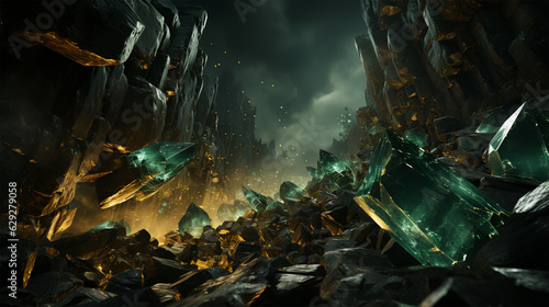 composition of green rocks and crystals, Matte Painting, generative ai