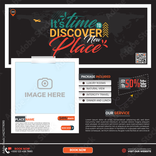 Travel sale social media banner post template design with agency logo, icon and abstract background for travelling business marketing. 