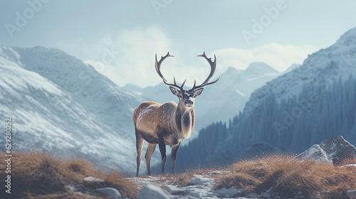 A reindeer  in winter on a background of the mountains. Generative Ai © tong2530
