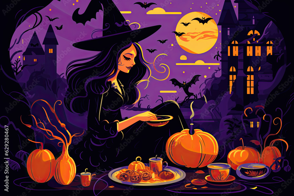 Halloween witch with moon, haunted house and bats in the background, generative ai Halloween witch with moon, haunted house and bats in the background, generative ai
