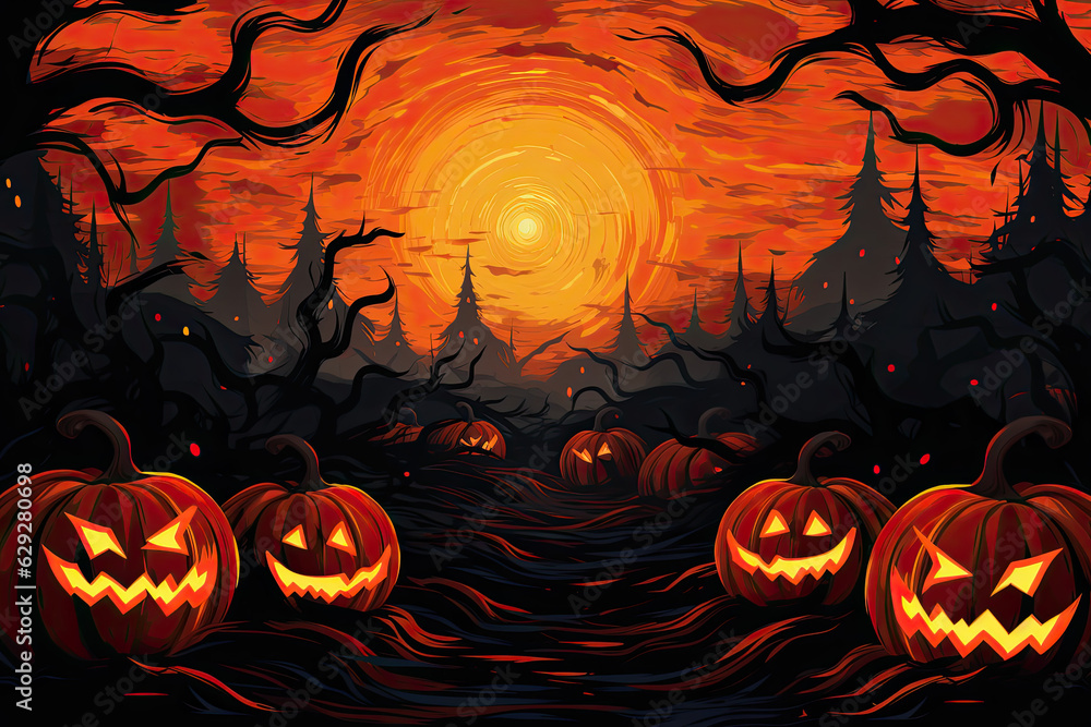Halloween pumpkins in scary forest w