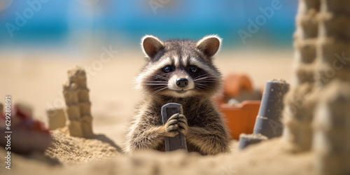 The Playful Raccoon's Sandy Creations: Building Beach Memories AI generated
