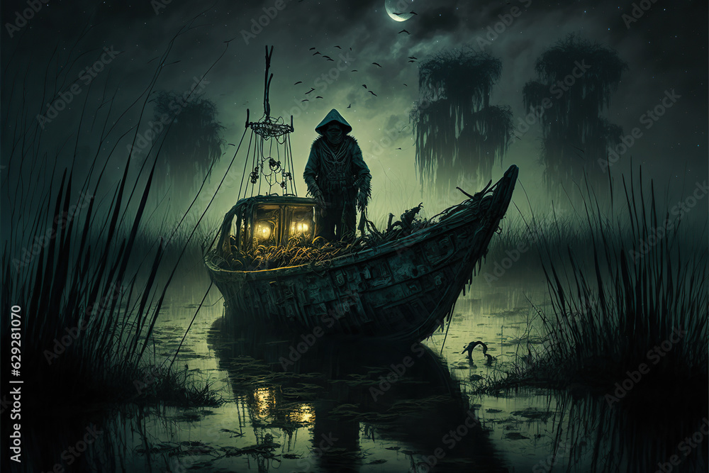 A surreal image, dream, nightmare, A boatman in a swamp in front of a portal