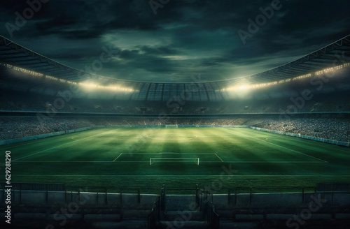 a soccer stadium with lights shining on grass at night