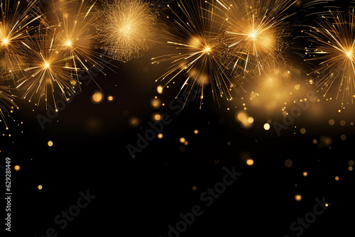golden fireworks display with bokeh on a black background for Christmas and New Year