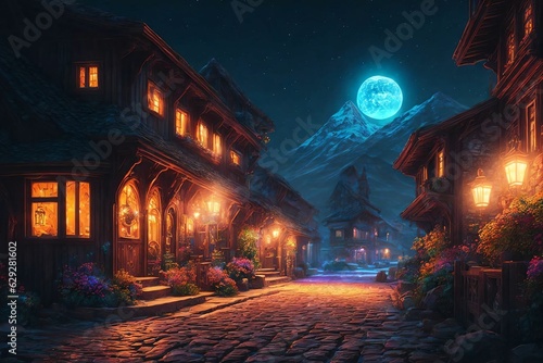 Houses in a magical setting under the moonlight. Generative AI