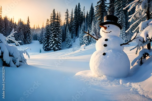 snowman in winter christmas scene with snow pine trees and warm light © usman