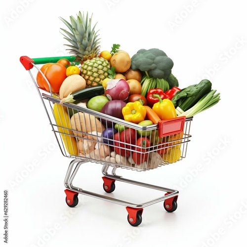 Supermarket Cart Filled with Groceries Isolated on White Background. Generative ai