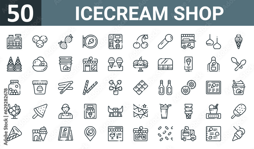 set of 50 outline web icecream shop icons such as cash register, ice cream, strawberry, , ice cream, cherry, scoop vector thin icons for report, presentation, diagram, web design, mobile app. set of 50 outline web icecream shop icons such as cash register, ice cream, strawberry, , ice cream, cherry, scoop vector thin icons for report, presentation, diagram, web design, mobile app.