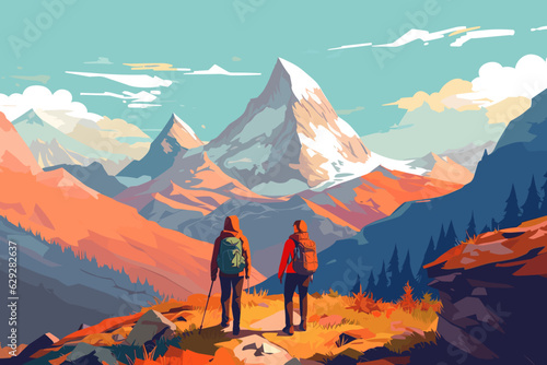 Vector of couple hiking in the mountains of the Alpes © Dominik Guzei/Wirestock Creators