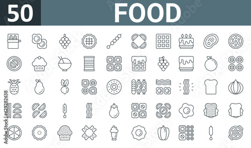 set of 50 outline web food icons such as canned food, fried egg, grapes, pie, canape, lemon, waffle vector thin icons for report, presentation, diagram, web design, mobile app.
