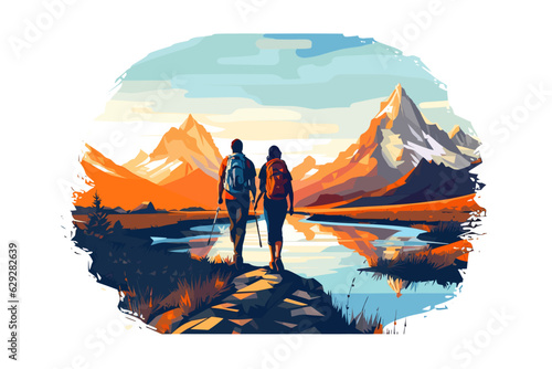 Vector of couple hiking in the mountains of the Alpes