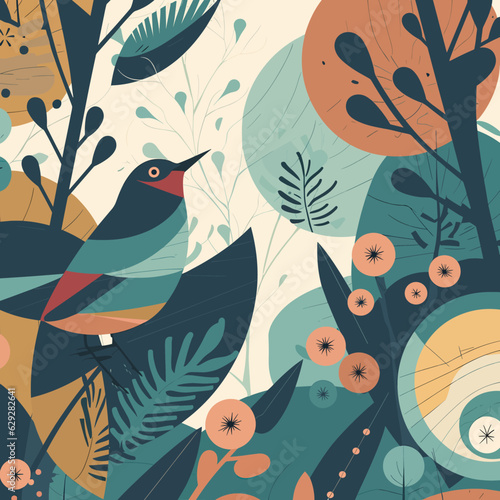 Vector of background with growing trees and bird