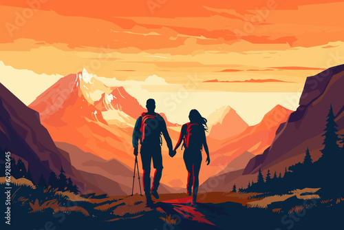 Vector of couple hiking in the mountains of the Alpes © Dominik Guzei/Wirestock Creators