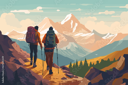 Vector of couple hiking in the mountains of the Alpes