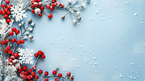 blue christmas background with snowflakes and berry