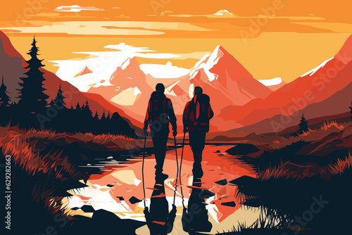 Vector of couple hiking in the mountains of the Alpes