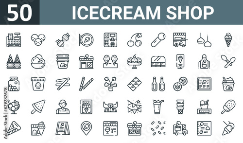 set of 50 outline web icecream shop icons such as cash register, ice cream, strawberry, , ice cream, cherry, scoop vector thin icons for report, presentation, diagram, web design, mobile app.