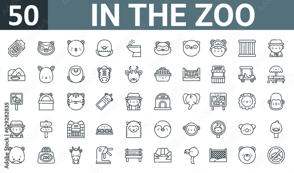 Φωτογραφία set of 50 outline web in the zoo icons such as ticket, lemur, squirrel, eagle, fountain, raccoon, panda vector thin icons for report, presentation, diagram, web design, mobile app