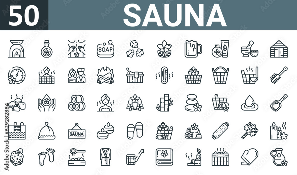 Φωτογραφία set of 50 outline web sauna icons such as oil lamp, oil, massage, soap, leaves, lotus, beer vector thin icons for report, presentation, diagram, web design, mobile app