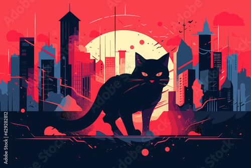 Vector of a black cat silhouetted against a backdrop of a beautiful sunset