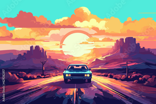 Vector of a car driving on a dirt road in the early morning, illuminated by a beautiful sunrise