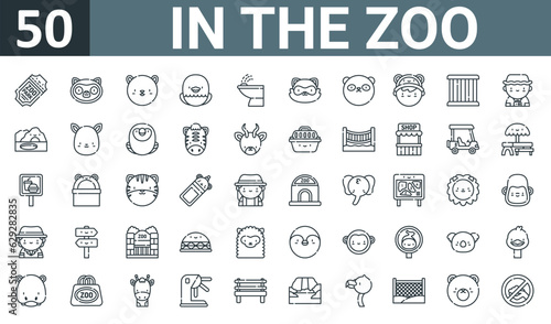 set of 50 outline web in the zoo icons such as ticket, lemur, squirrel, eagle, fountain, raccoon, panda vector thin icons for report, presentation, diagram, web design, mobile app.