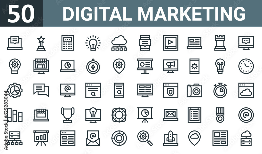 set of 50 outline web digital marketing icons such as chat, trophy, calculator, idea, cloud computing, chat, video player vector thin icons for report, presentation, diagram, web design, mobile app.