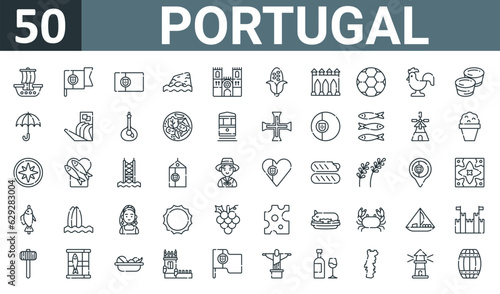 set of 50 outline web portugal icons such as caravel, portugal, portugal, aarve, cathedral, corn, guas livres vector thin icons for report, presentation, diagram, web design, mobile app.