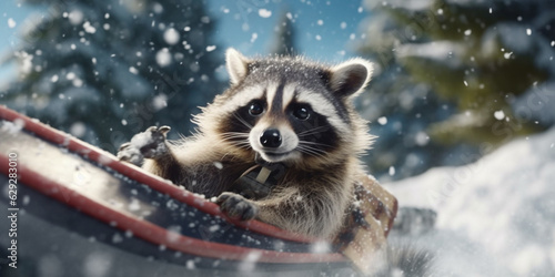 The Fun-Loving Raccoon: A Winter Wonderland of Raccoon Sledding Adventures AI generated © artefacti