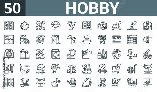 set of 50 outline web hobby icons such as scrapbook, embroidery, skateboarding, parachuting, origami, philately, photo camera vector thin icons for report, presentation, diagram, web design, mobile