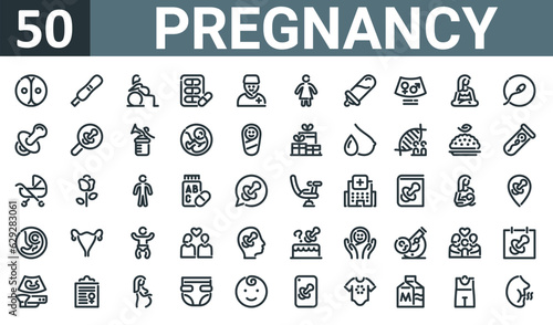 set of 50 outline web pregnancy icons such as cell division, pregnancy test, fitness, pill, doctor, woman, feeder vector thin icons for report, presentation, diagram, web design, mobile app.