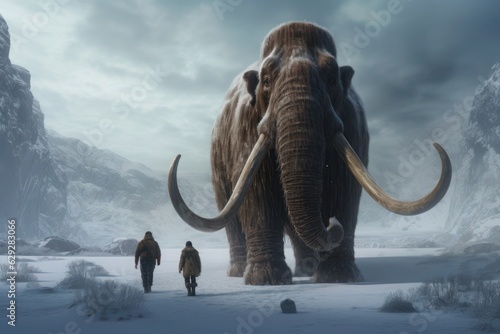 Huge mammoth in the snowy landscape. 3D render. Fantasy art. Generative AI.