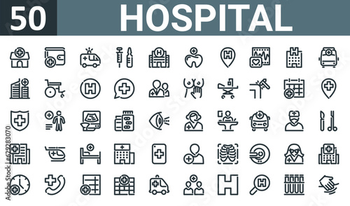 set of 50 outline web hospital icons such as hospital, wallet, ambulance, vaccine, hospital, tooth, pin vector thin icons for report, presentation, diagram, web design, mobile app.