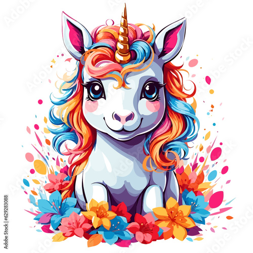 Cute baby unicorn, t-shirt design colorful fantasy vector illustration