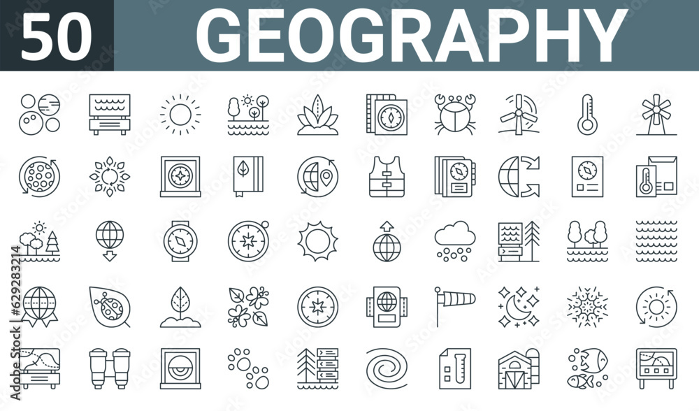 set of 50 outline web geography icons such as planets, park, sunshine, lake, aloe vera, map, crab vector thin icons for report, presentation, diagram, web design, mobile app.