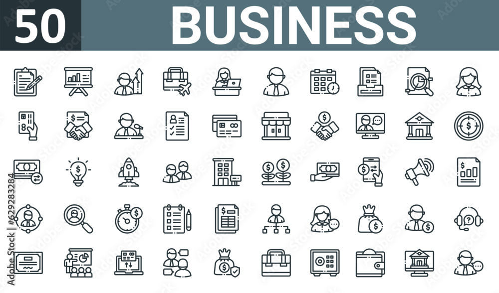 set of 50 outline web business icons such as note, presentation, promoted, business trip, working, businessman, schedule vector thin icons for report, presentation, diagram, web design, mobile app.